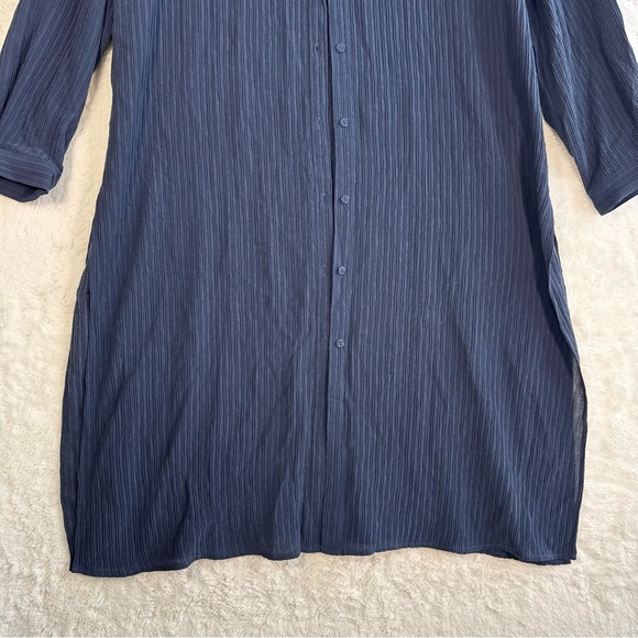 Eileen Fisher Accordion Silk Jacquard Mandarin Collar Long Shirt Medium Blue - Picture 4 of 10